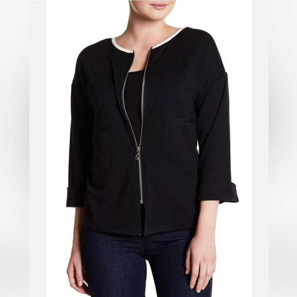 NWT Joan Vass 3/4 Sleeve Zip Front Jacket Black with White Size Small - Picture 11 of 12